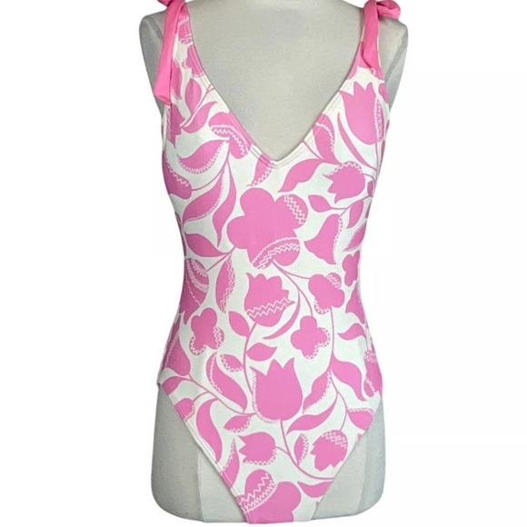 Kate Spade Surf Pink and White Floral Shoulder Bow One Piece Swim - Picture 1 of 9